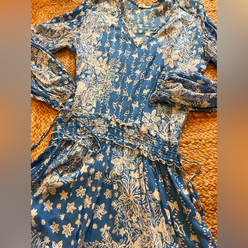 POUPETTE ST BARTH BLUE BATIK PRINT LONG SLEEVE MINI DRESS SIZE L EXCELLENT COND